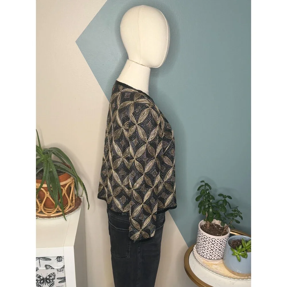 Papell Boutique Silk Beaded Art Deco Evening Jacket Black Gold Open Front Size S - Picture 4 of 13